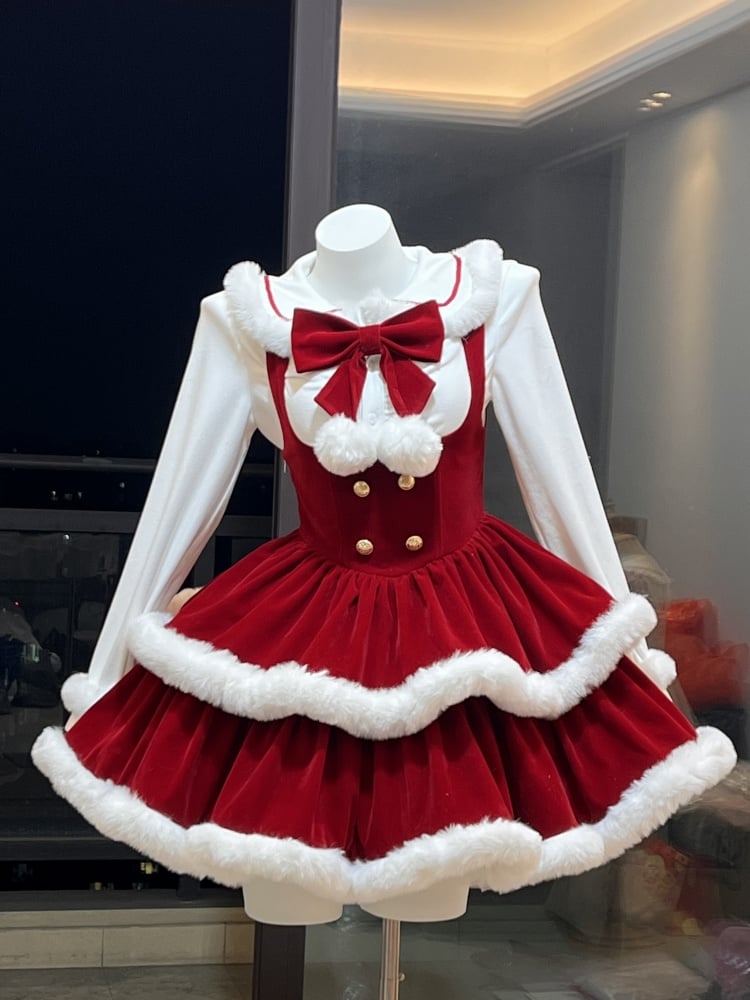 Red Christmas and New Year Velvet Overalls with White Plush Trim Sweet Puffy Skirt Dress - Sukuroi