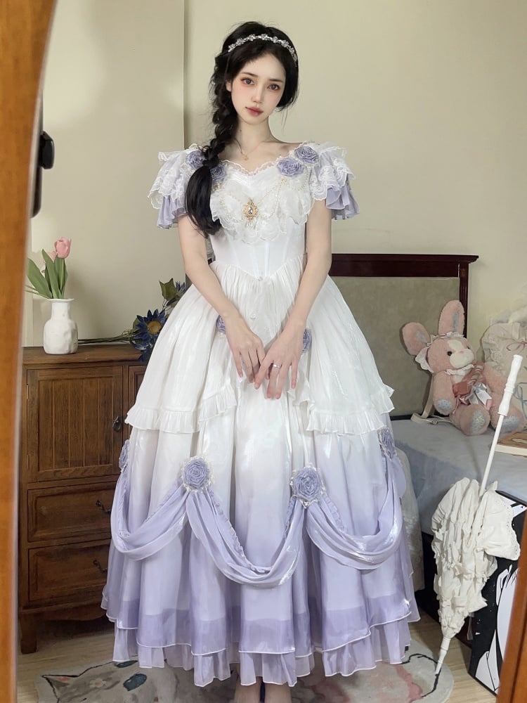 Purple Ombre Quinceanera Fairy Princess Dress Roses Decorated One Piece - Sukuroi