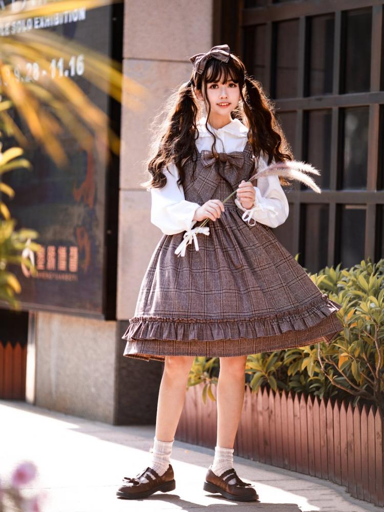 Thorn Story Square Neckline Plaid Vintage Jumper Skirt