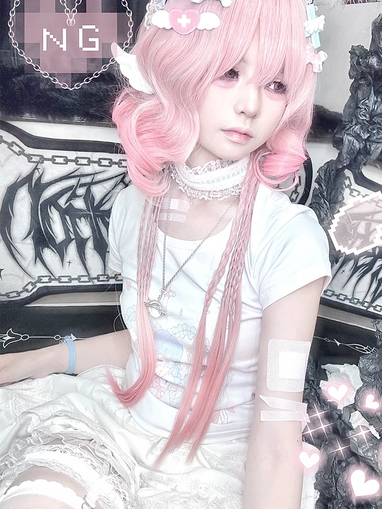 Pink Wavy Synthetic Wig with Braids