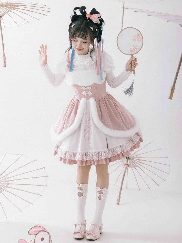 Pink and White Shell and Snowflake Embroidery Winter Jumper Skirt