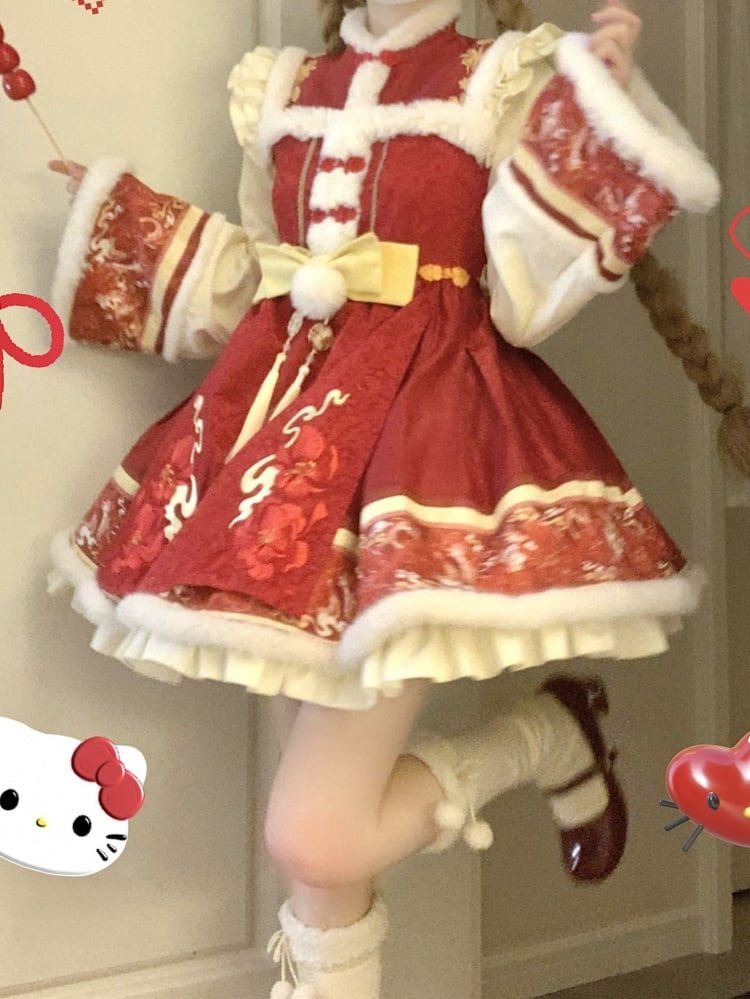 New Year Red Floral Embroidery One Piece Cheongsam Style Qi Lolita Winter Dress - Sukuroi