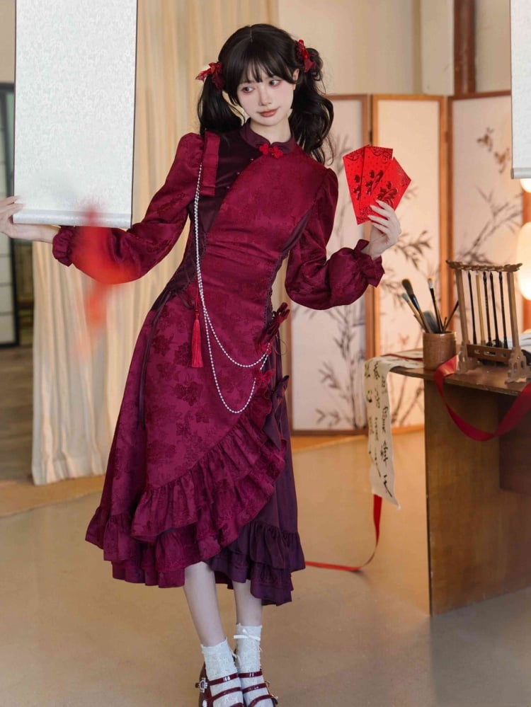 Red Layered Flounce Hemline New Year Winter Qipao - Sukuroi