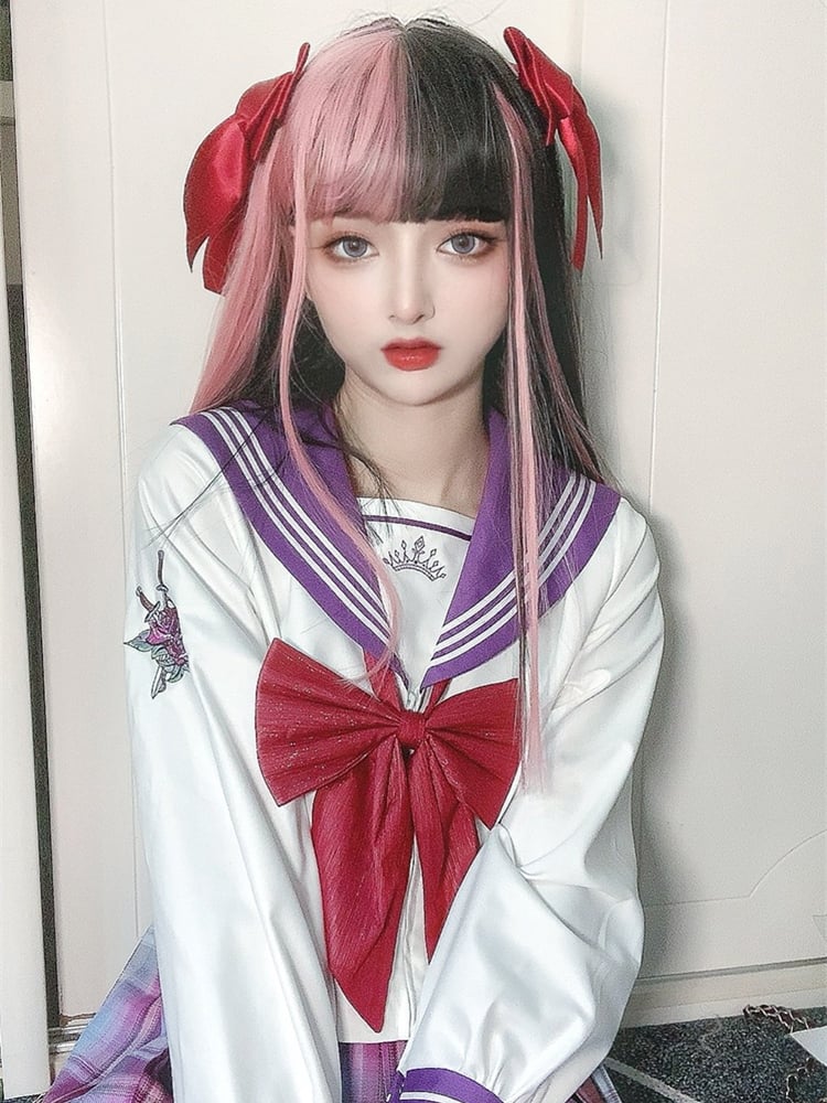 Pink Highlights Black Straight Medium Synthetic Wig
