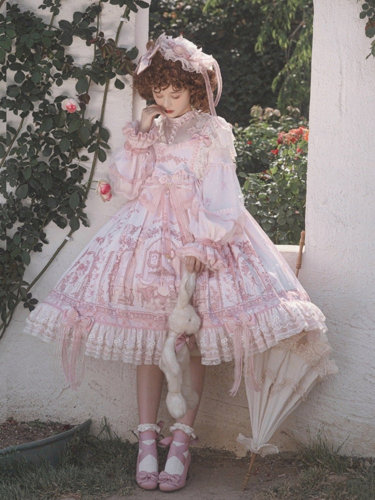 In Stock Sunset Scene High Waist Bowknot Details Long Sleeves Hime One Piece Full Set