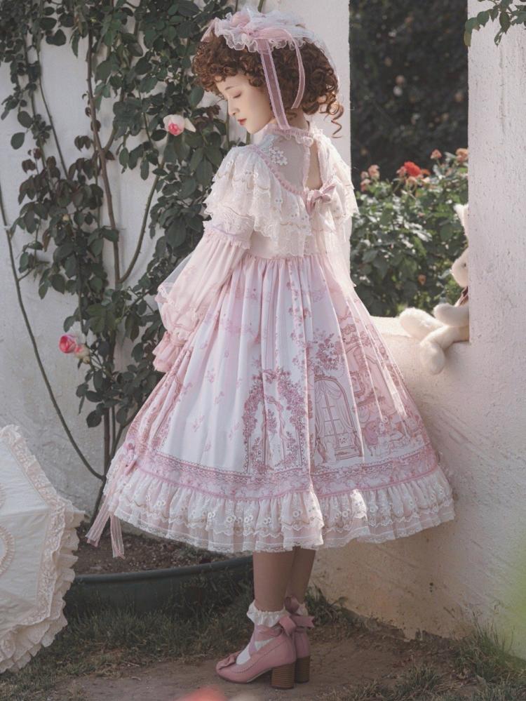 In Stock Sunset Scene High Waist Bowknot Details Long Sleeves Hime One Piece Full Set