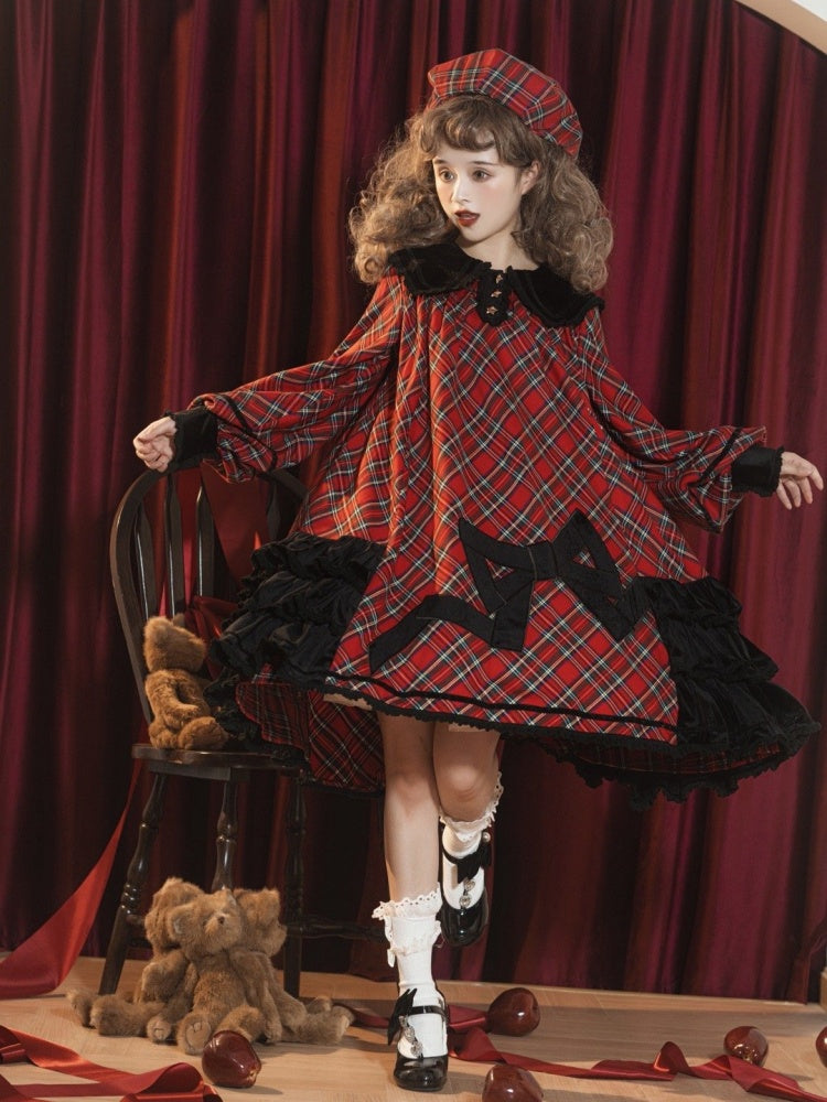 Star of Freedom and Courage Red Plaid Pattern Peter Pan Collor Long Sleeves One Piece