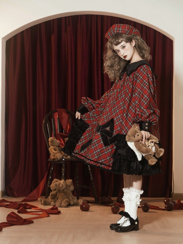 Star of Freedom and Courage Red Plaid Pattern Peter Pan Collor Long Sleeves One Piece