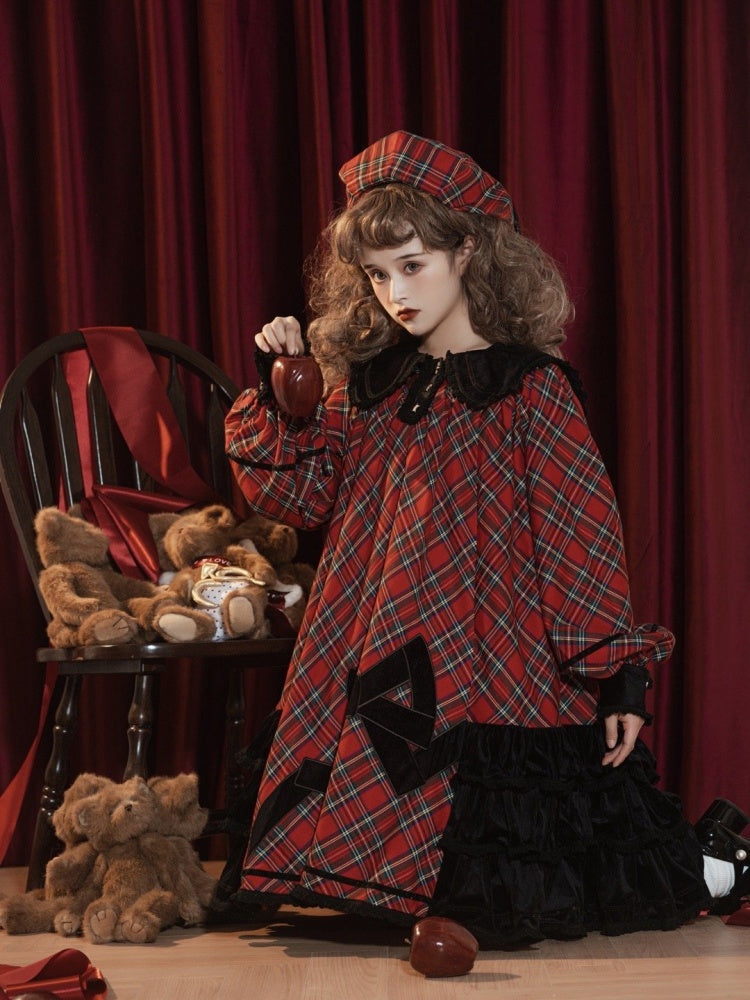 Star of Freedom and Courage Red Plaid Pattern Peter Pan Collor Long Sleeves One Piece