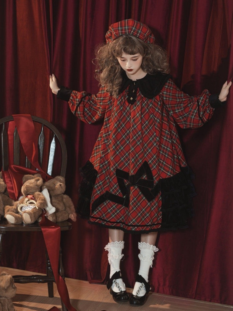 Star of Freedom and Courage Red Plaid Pattern Peter Pan Collor Long Sleeves One Piece