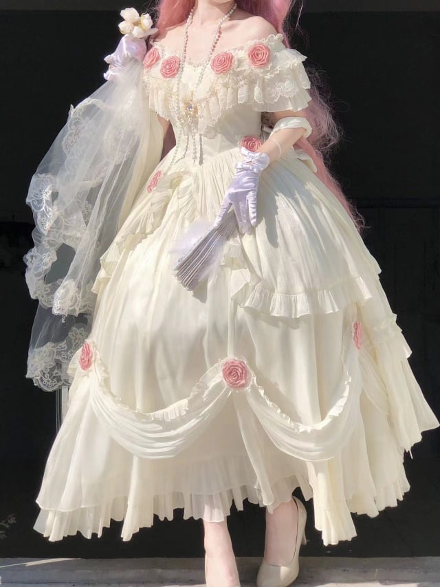 Ivory Princess Basque Waist Dress Roses and Bead Chain Lolita Wedding Dress - Sukuroi