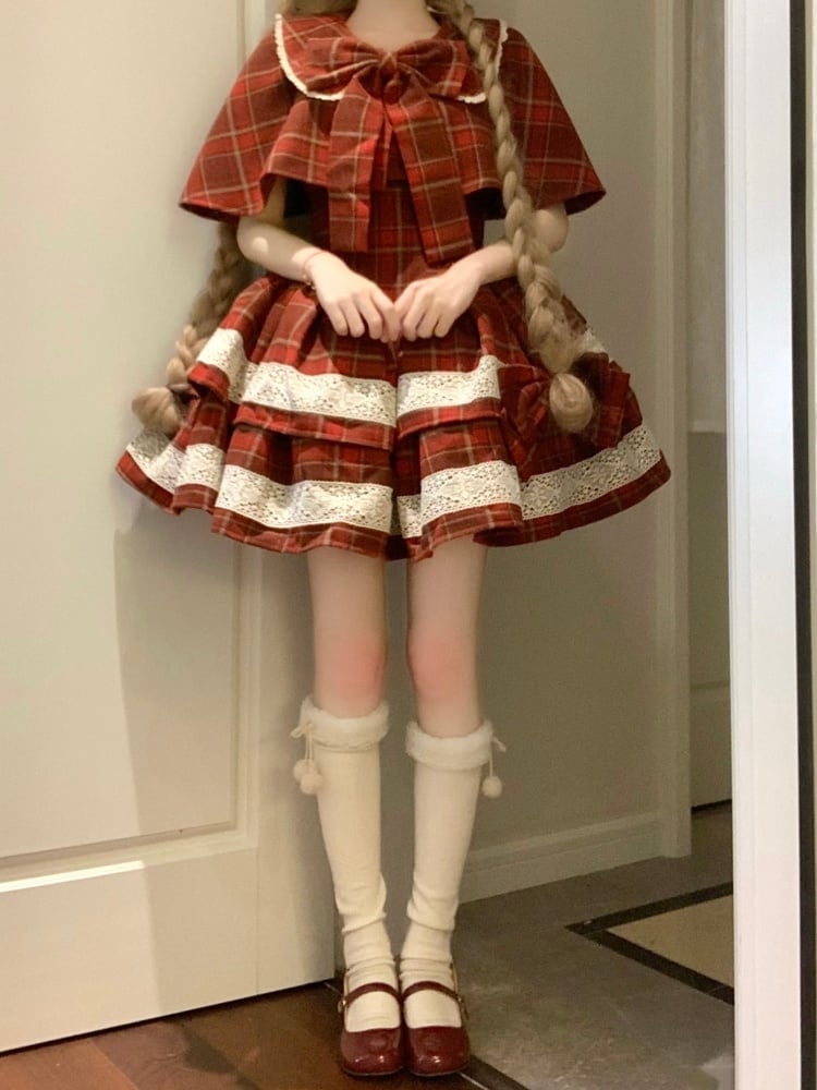New Year Red Plaid Pattern Jumper Skirt + Cape + Beret - Sukuroi