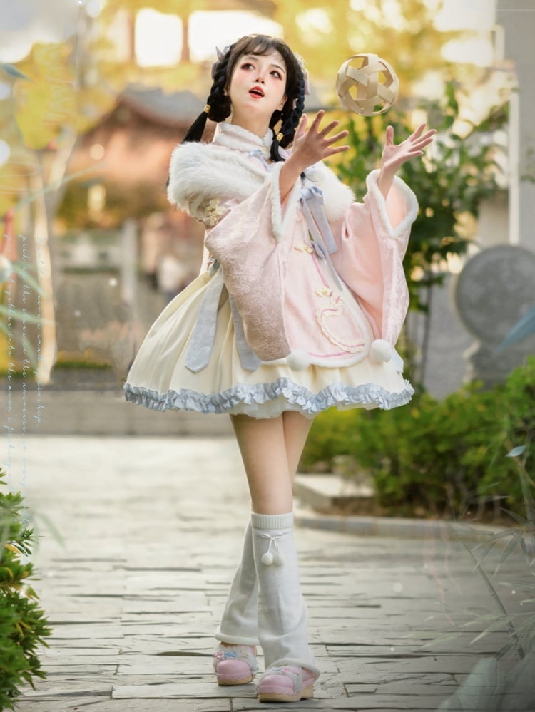 Pink High Waist White Plush Trim Neckline and Cuffs Qi One Piece - Sukuroi