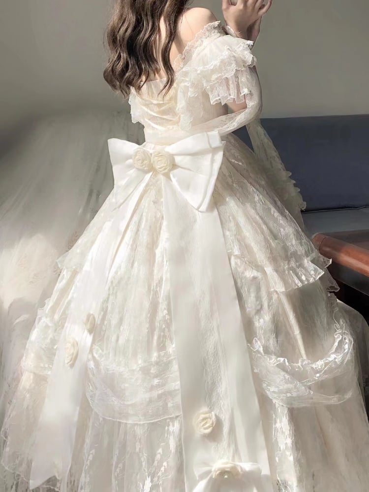 White Princess Lace Dress Floral and Bead Chain Details One Piece - Sukuroi