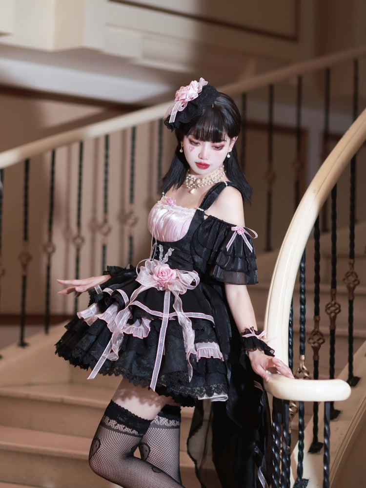 Memoirs of Rose Color Black and Pink Jumper Skirt Lace-up Detail Tiered Skirt and Flounce Hem