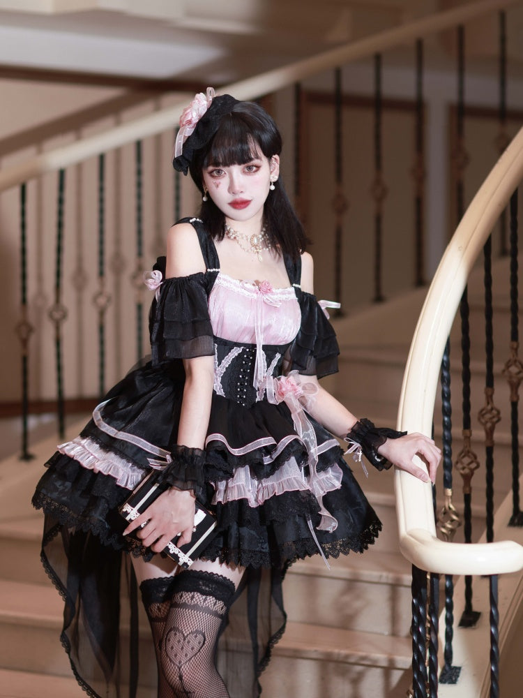 Memoirs of Rose Color Black and Pink Jumper Skirt Lace-up Detail Tiered Skirt and Flounce Hem