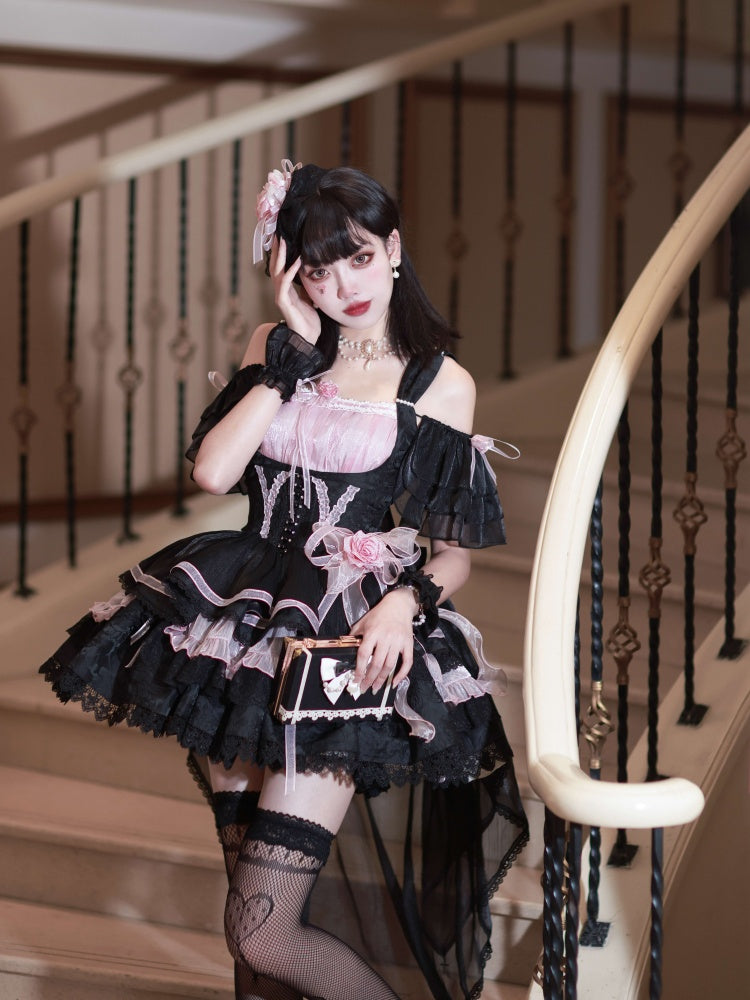 Memoirs of Rose Color Black and Pink Jumper Skirt Lace-up Detail Tiered Skirt and Flounce Hem