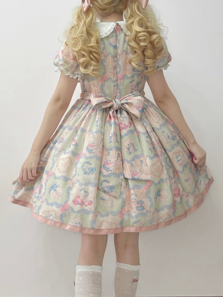 Pink and Green Sweet Kitty Print High Waist One Piece - Sukuroi