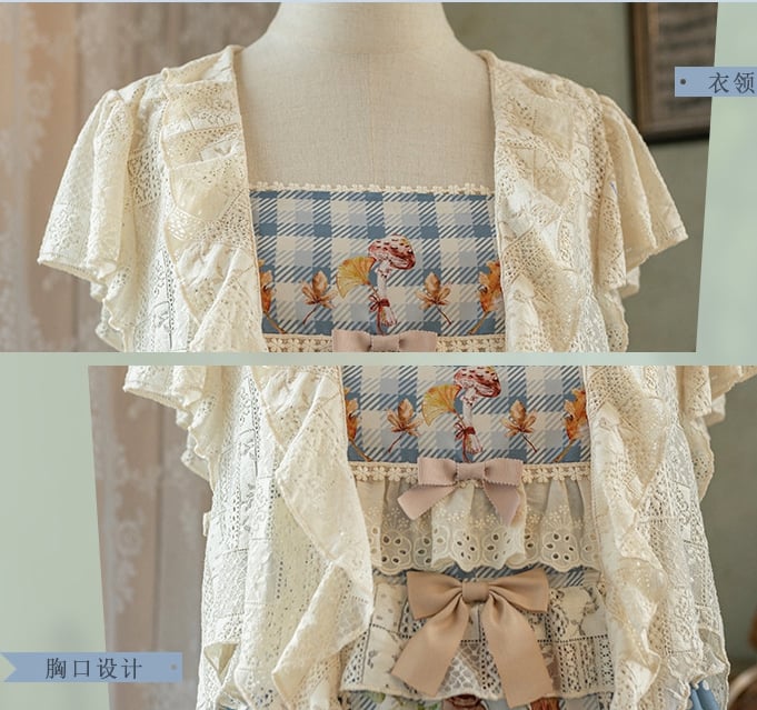 Squirrels Print Patchwork Jumper Skirt Cottagecore Country Dress/Lace Top