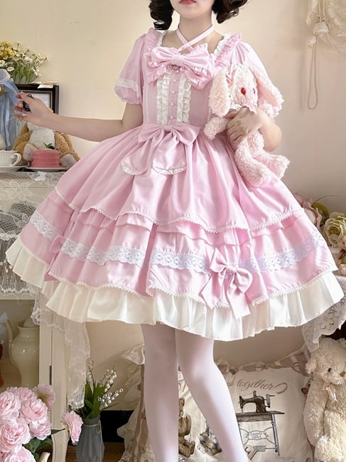 Pink Bowknot Details Ruffle Skirt One Piece