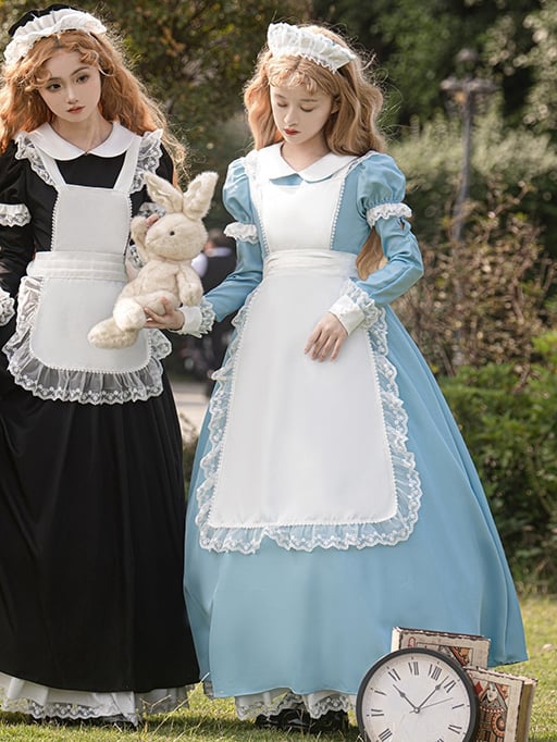 Plus Size Friendly Blue Long Version Maid One Piece + Apron Alice in Wonderland Vibes