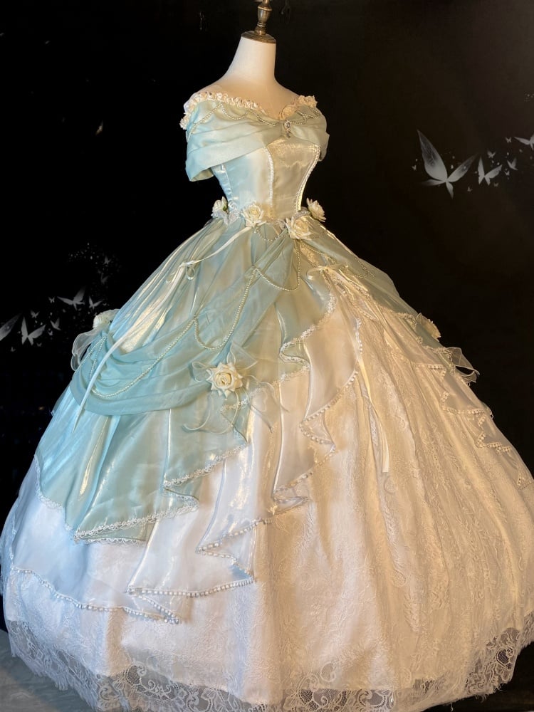 Tiana Green Long Version Princess Dress Roses and Bead Chains Ball Gown