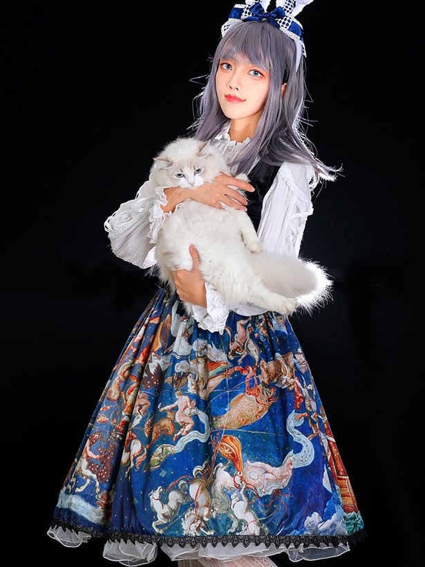 Ready to Ship-Blue Miss Smina Oil Painting Pattern A Elegant Jumper Skirt