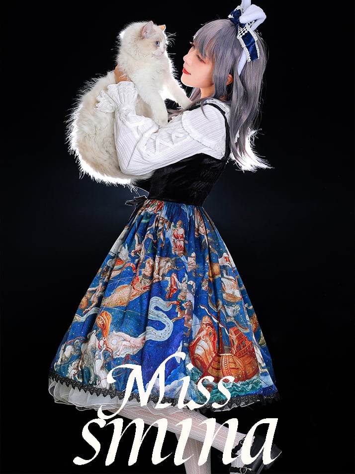 Ready to Ship-Blue Miss Smina Oil Painting Pattern A Elegant Jumper Skirt