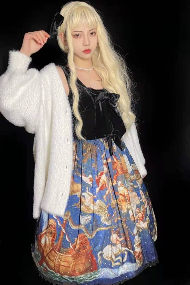 Ready to Ship-Blue Miss Smina Oil Painting Pattern A Elegant Jumper Skirt