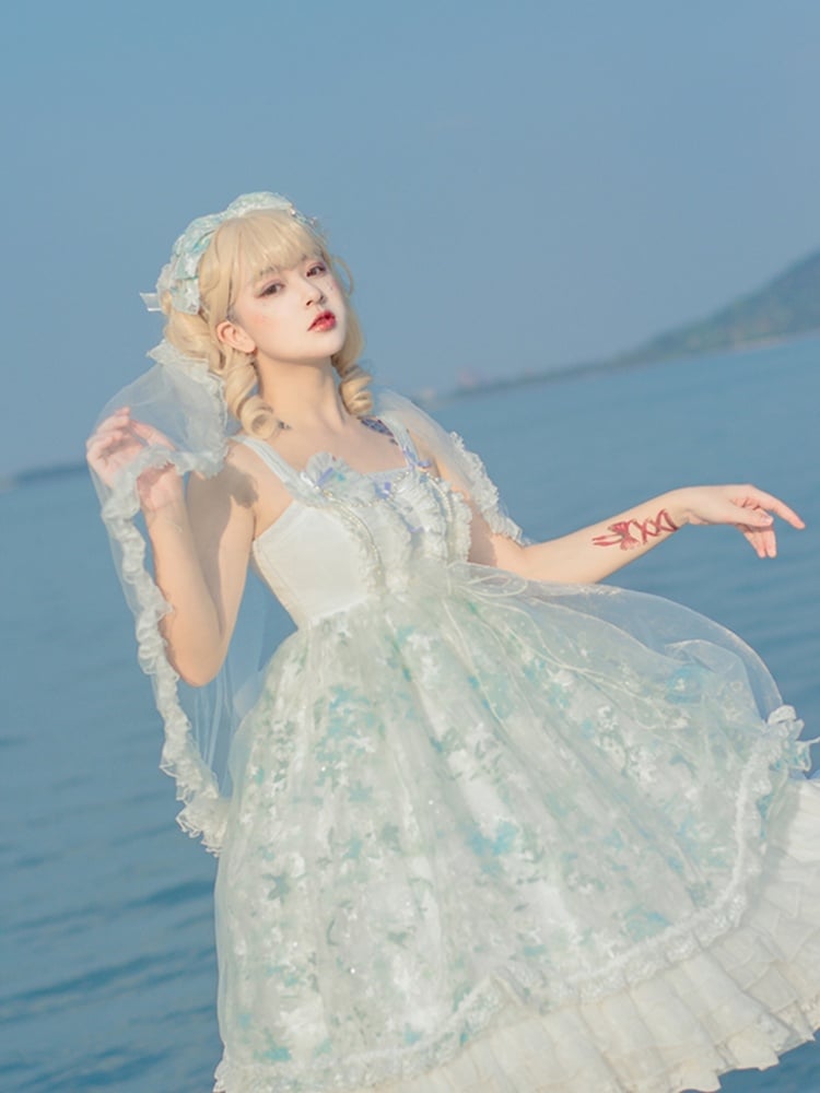 Tears of Aquamarine Mermaid Back Shirring Lace Ruffle Hemline JSK