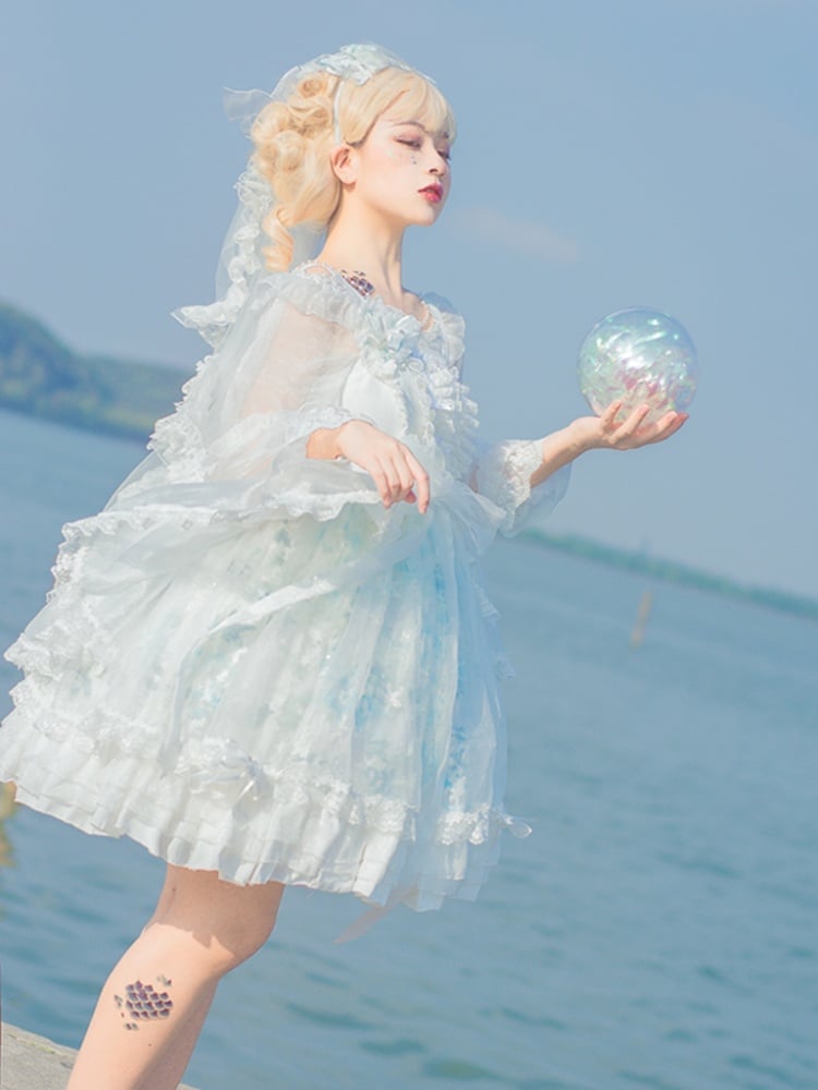 Tears of Aquamarine Mermaid Back Shirring Lace Ruffle Hemline JSK