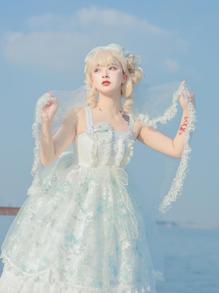 Tears of Aquamarine Mermaid Back Shirring Lace Ruffle Hemline JSK