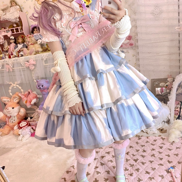 Small Milk Cake 4 Colors Square Neckline Tiered Skirt Sweet Jumper Skirt