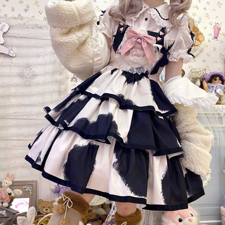 Small Milk Cake 4 Colors Square Neckline Tiered Skirt Sweet Jumper Skirt