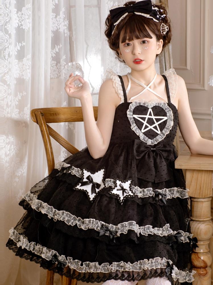 Dumeisha's Star Wish Black Square Neckline Tiered Skirt Sweet Jumper Skirt