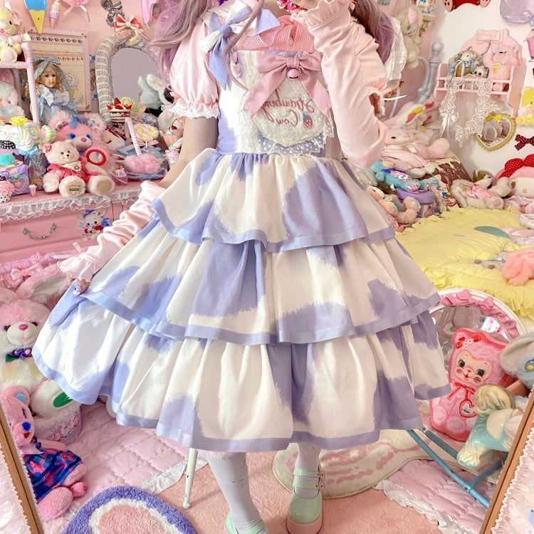 Small Milk Cake 4 Colors Square Neckline Tiered Skirt Sweet Jumper Skirt