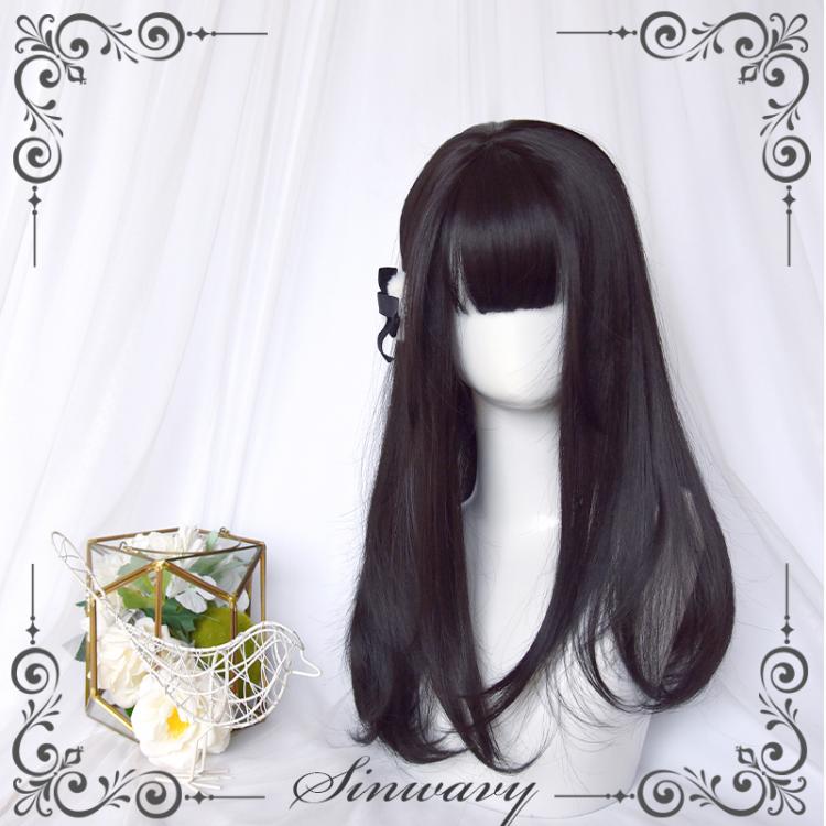 Sweet Tea Black Long Micro Curly Synthetic Wig with Bangs