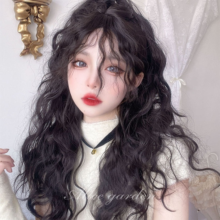 Black-brown Long Wool Curly Synthetic Wig with Bangs
