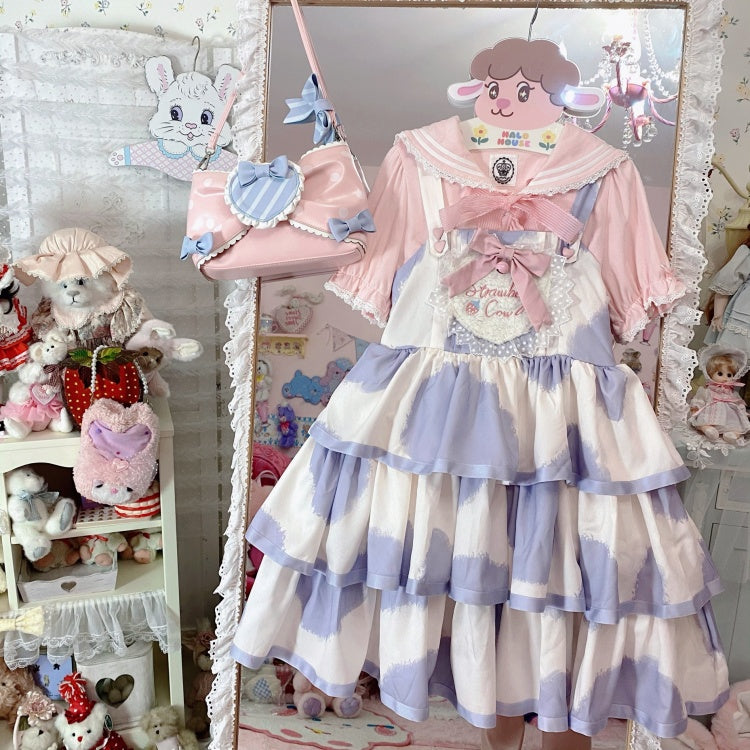 Small Milk Cake 4 Colors Square Neckline Tiered Skirt Sweet Jumper Skirt