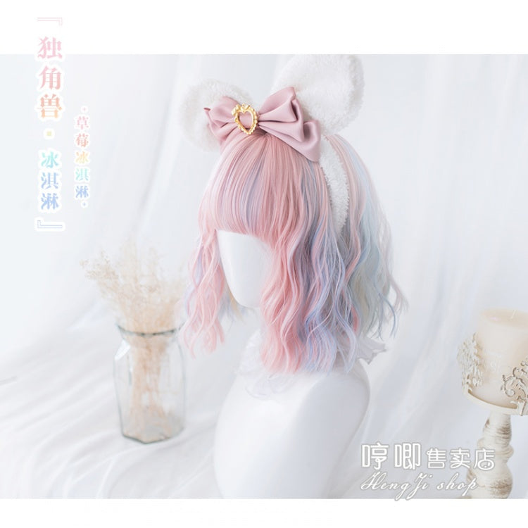 Unicorn Ice Cream Short Curly Synthetic Wig with Bangs