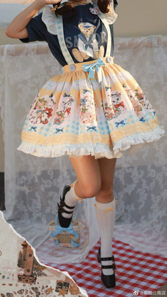 Picnic Day Yellow Plaid Kitty Print Ruffle Hem Overalls