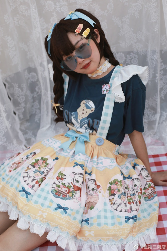 Picnic Day Yellow Plaid Kitty Print Ruffle Hem Overalls