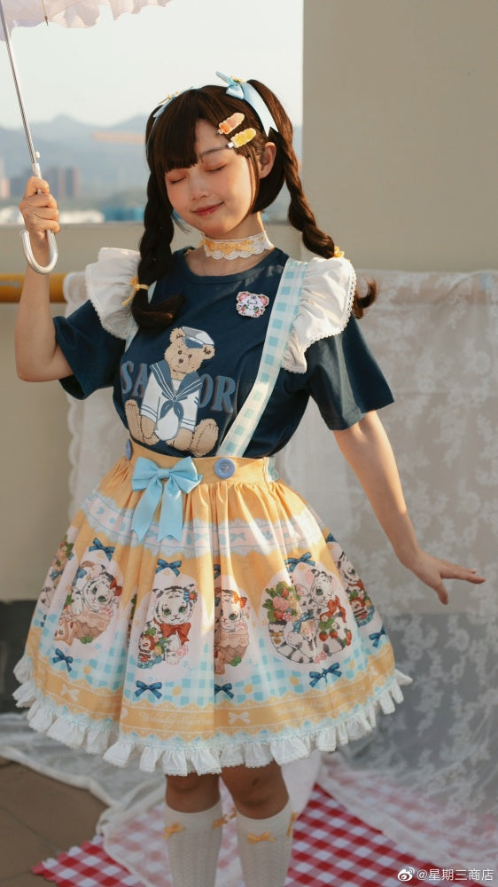 Picnic Day Yellow Plaid Kitty Print Ruffle Hem Overalls