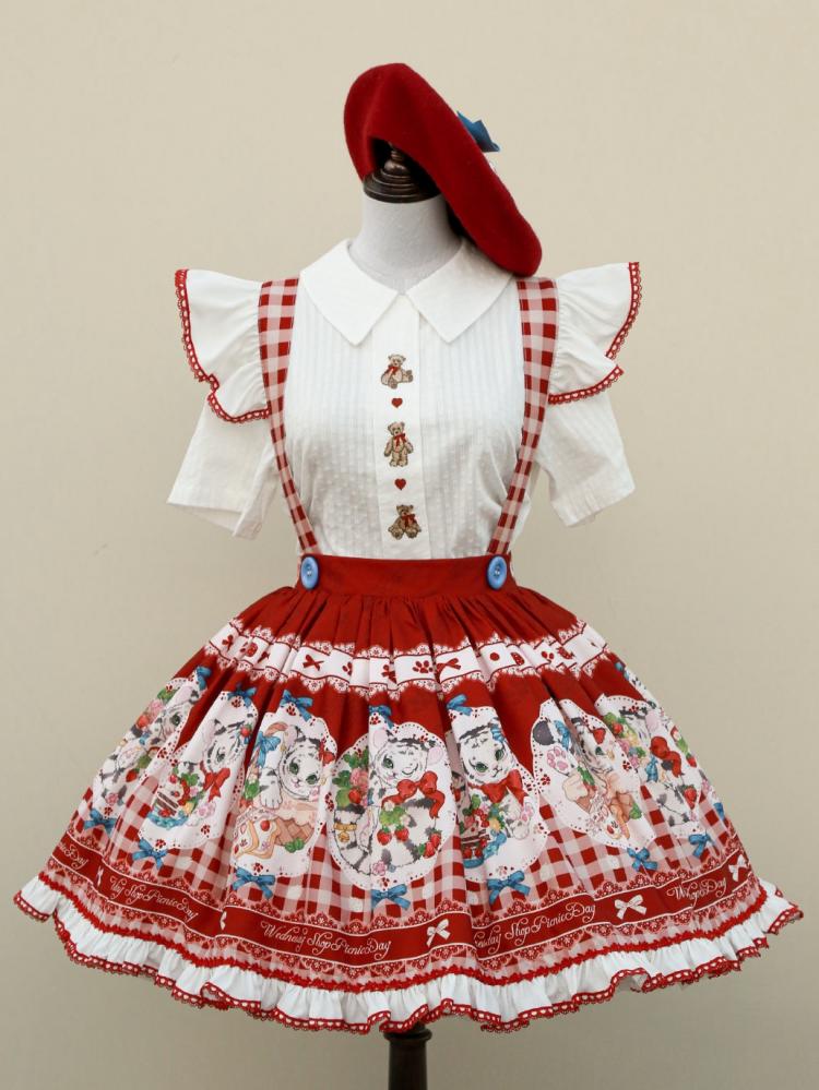 Clearance-Size S for Waist 64CM Picnic Day Red Plaid Kitty Print Ruffle Hem Overalls