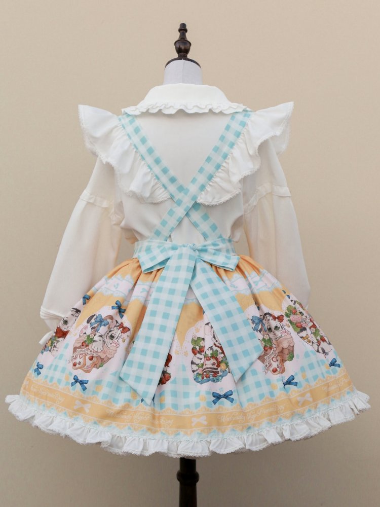 Picnic Day Yellow Plaid Kitty Print Ruffle Hem Overalls