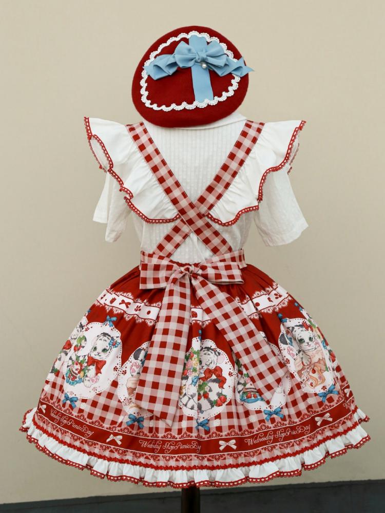 Clearance-Size S for Waist 64CM Picnic Day Red Plaid Kitty Print Ruffle Hem Overalls