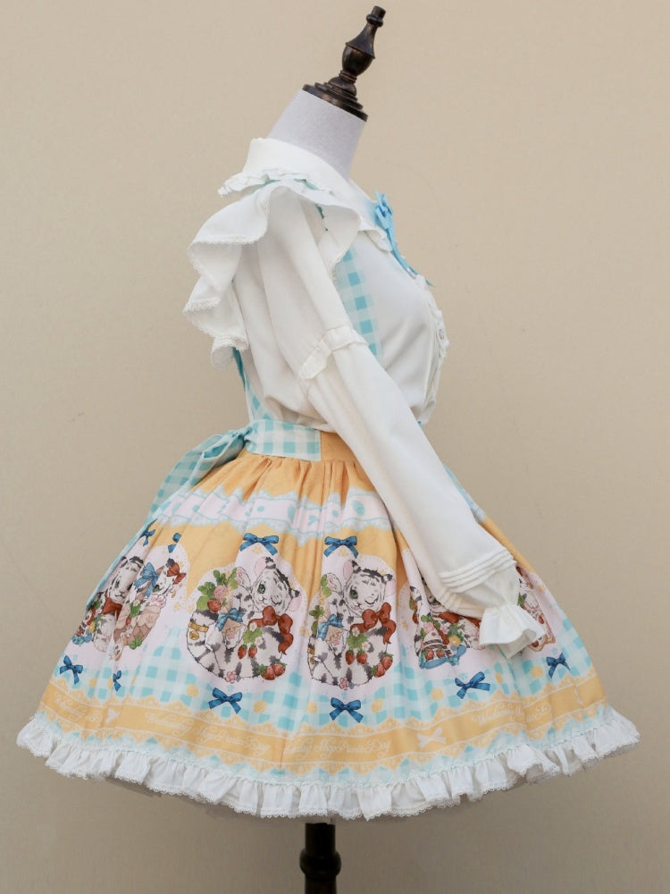 Picnic Day Yellow Plaid Kitty Print Ruffle Hem Overalls