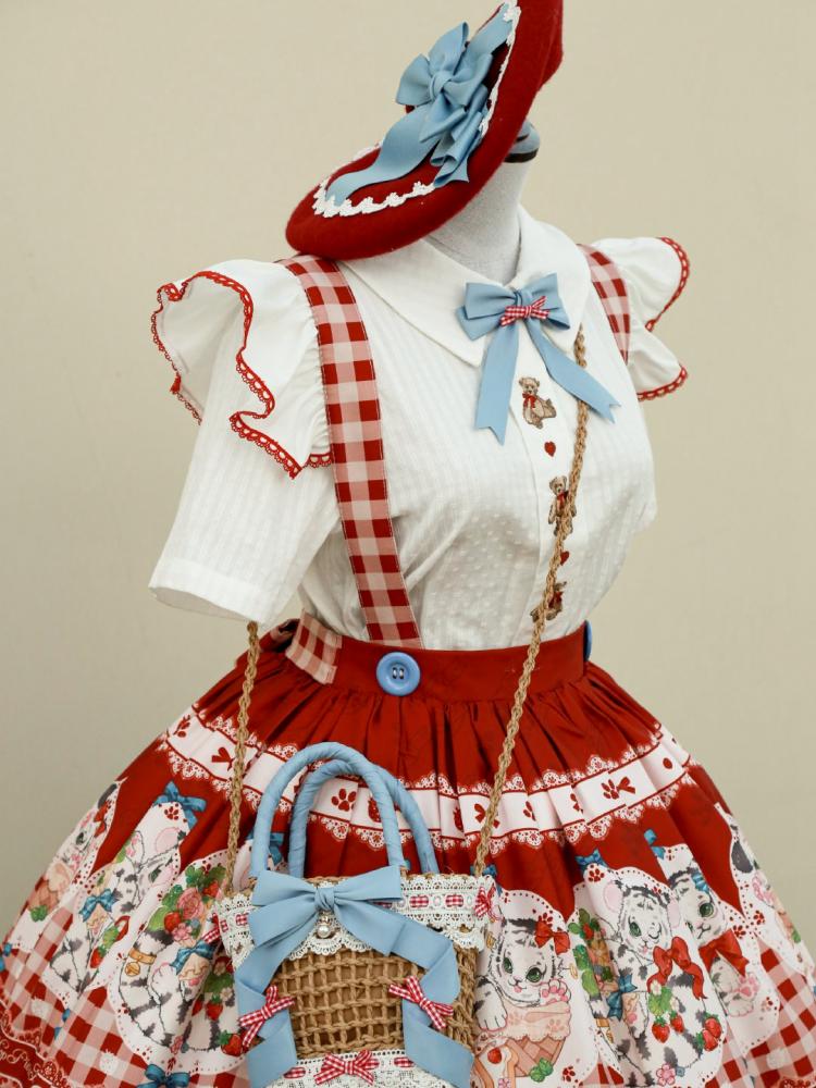 Clearance-Size S for Waist 64CM Picnic Day Red Plaid Kitty Print Ruffle Hem Overalls