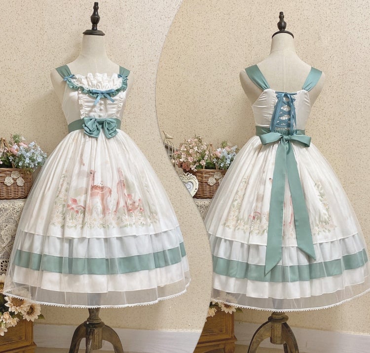 Little World Little Deer Tiered Ruffles Classic Lolita Dress White Jumper Skirt/Full set