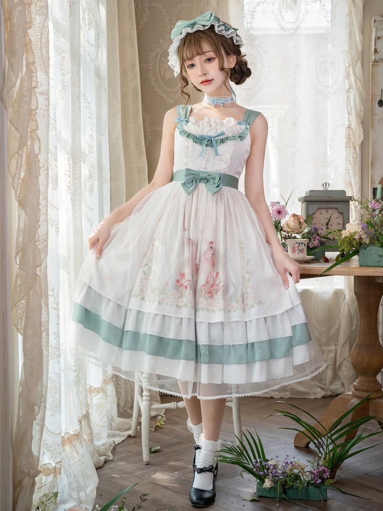 Little World Little Deer Tiered Ruffles Classic Lolita Dress White Jumper Skirt/Full set